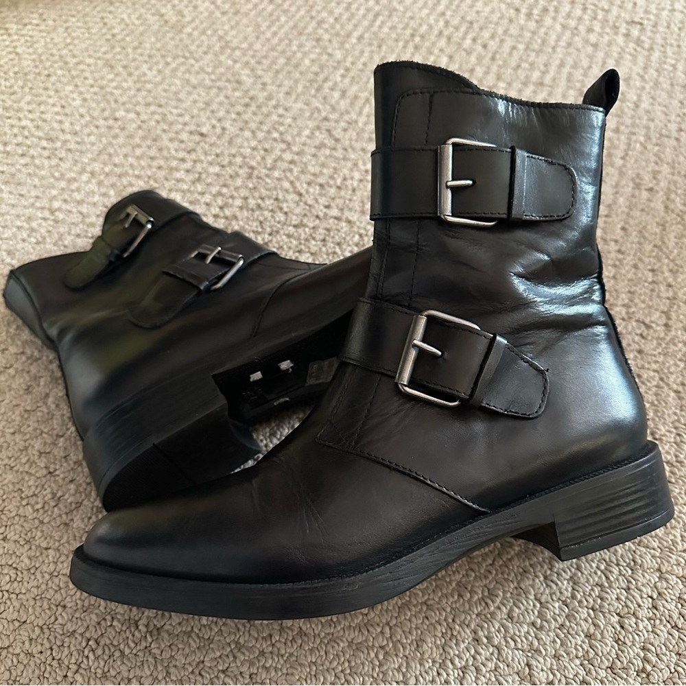 Emanuele Crasto Black Leather double buckle moto boots made in Italy